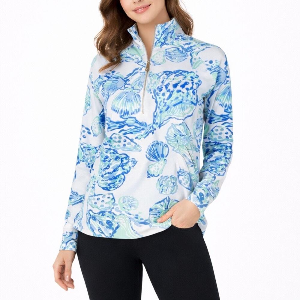 Lilly Pulitzer Skipper Popover Top 1/4 Zip Seashell White Blue Size XXS